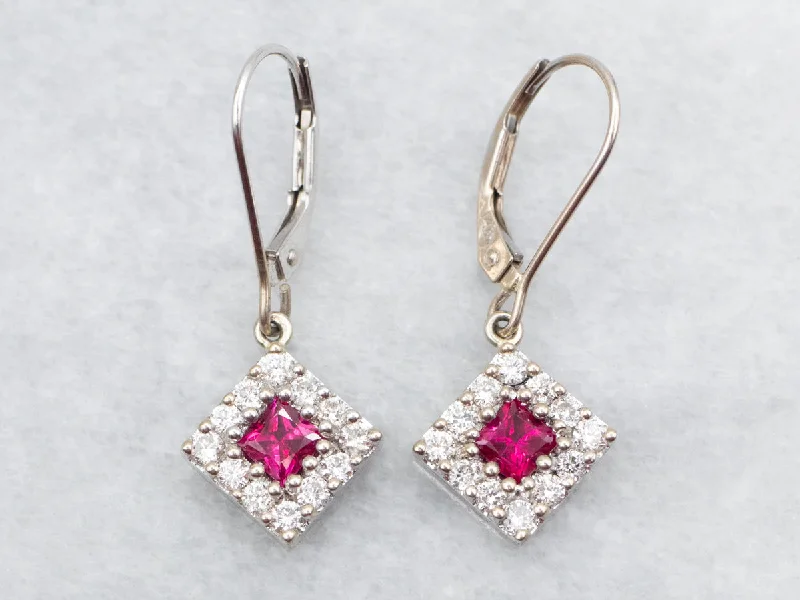 ladies earrings unique-Pretty Ruby and Diamond Halo Drop Earrings