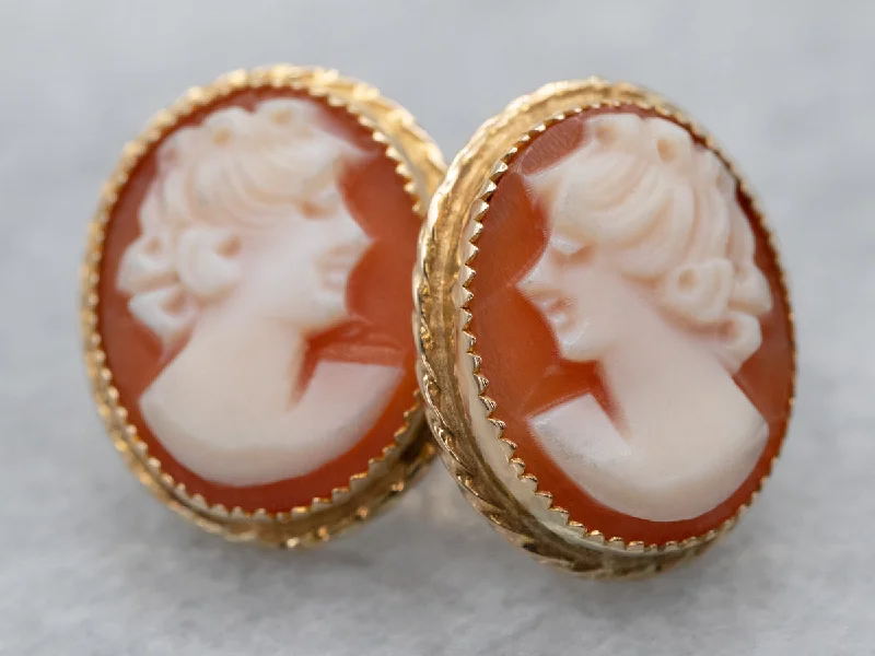 ladies earrings red ruby-Vintage Cameo Gold Stud Earrings