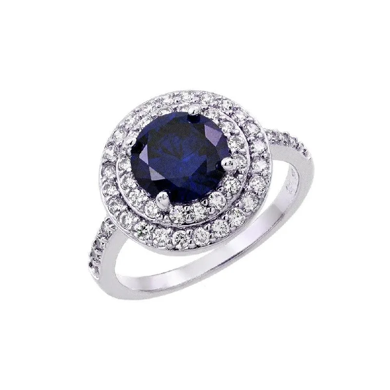 ladies ring summer gold-Silver 925 Rhodium Plated Blue Center and Clear Cluster CZ Ring - BGR00886TAN