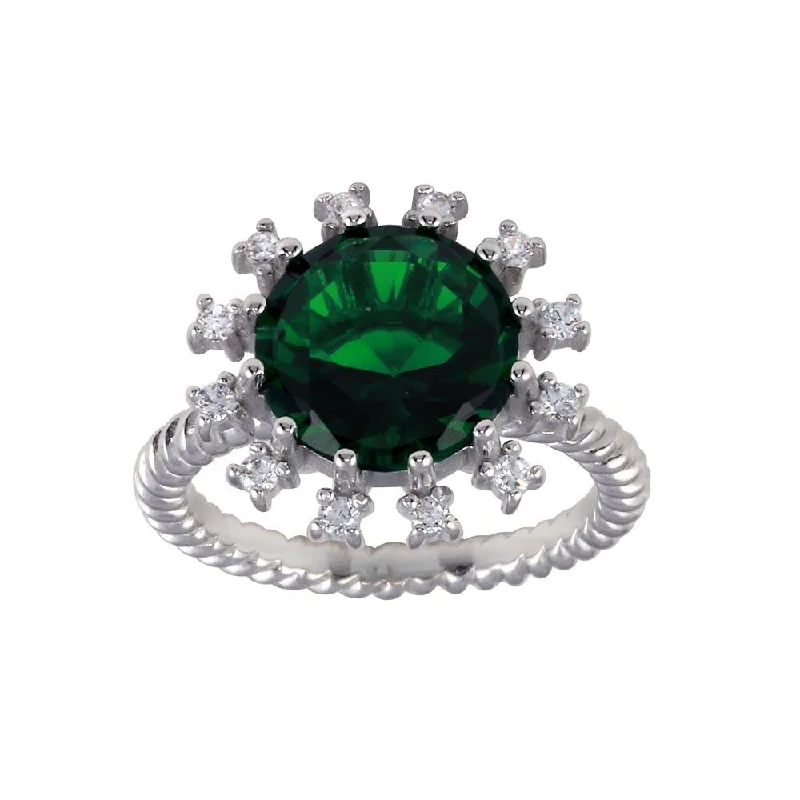 ladies ring inlaid-Rhodium Plated 925 Sterling Silver Green Center Flower CZ Ring with Rope Band - BGR01302GRN