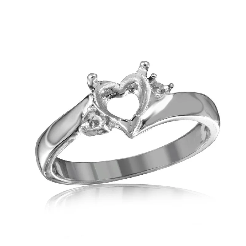 ladies ring exclusive-Silver 925 Rhodium Plated Heart Center Stone Mounting Ring - BGR00489