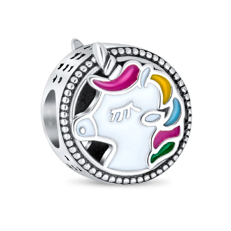 Ladies bracelets everyday glamour styles-Good Luck Unicorn Charm Bead Colorful Enamel Sterling Silver for Bracelets