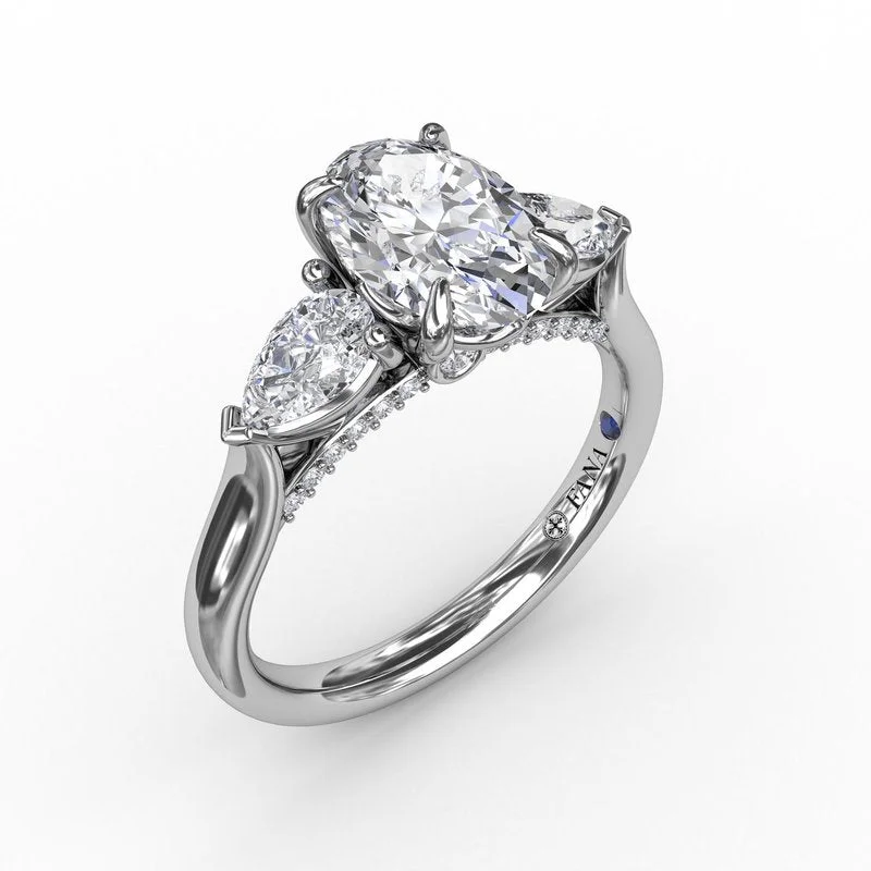 ladies engagement ring conflict-free-Classic Three-Stone Oval Engagement Ring With Pear-Shape Side Stones