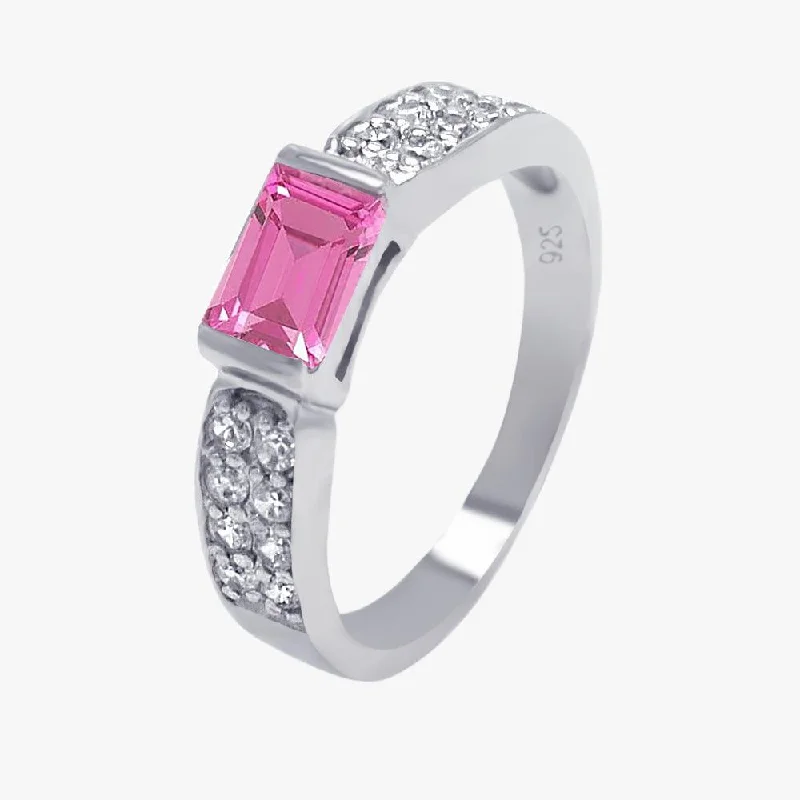 ladies ring eco-friendly-Silver 925 Rhodium Plated Pink Rectangular Center Pave CZ Ring - AAR0002PINK