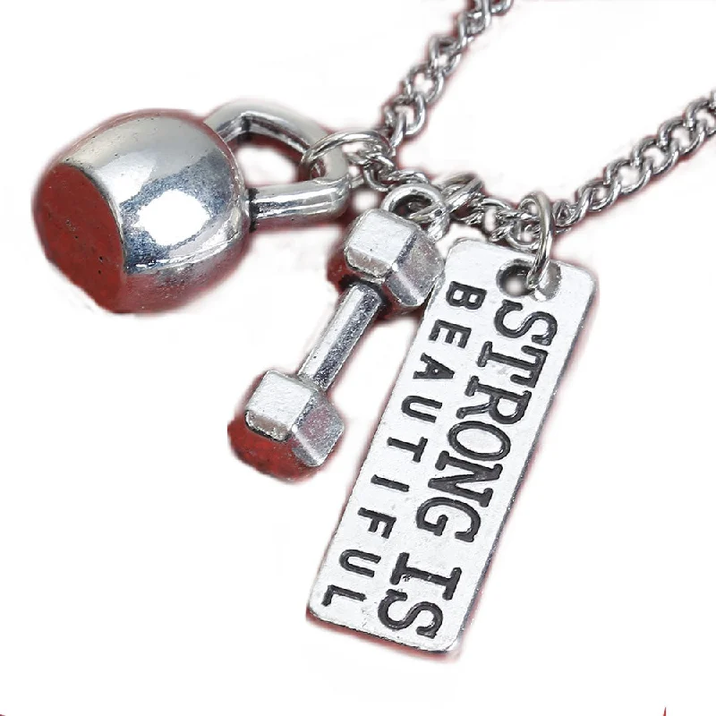 Ladies necklaces floral detail designs-Sexy Sparkles Strong Is Beautiful Fitness Dumbell kettlebell Necklace