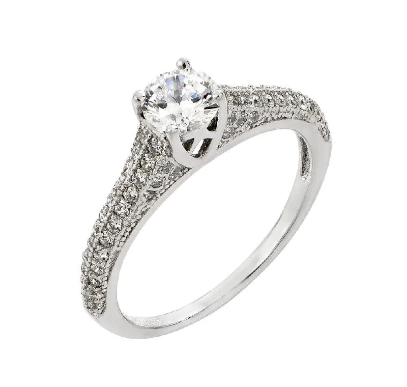 ladies ring dainty platinum-Silver 925 Rhodium Plated Solitaire Micro Pave CZ Ring - STR00927