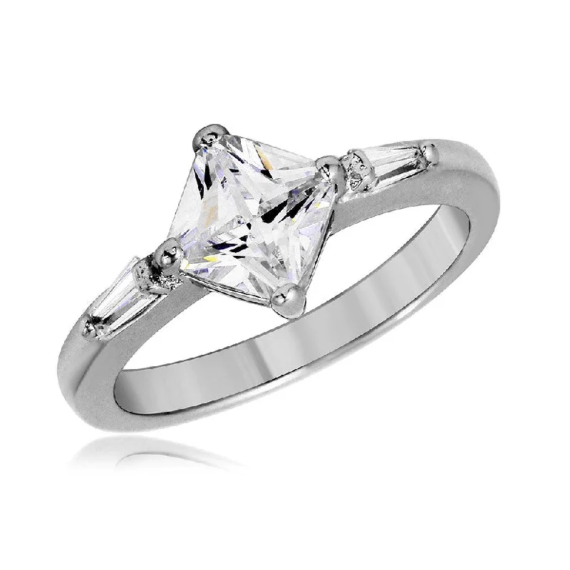 ladies ring affordable-Silver 925 Rhodium Plated Baguette CZ Shank with Diamond Shape Center Stone Ring - BGR01064