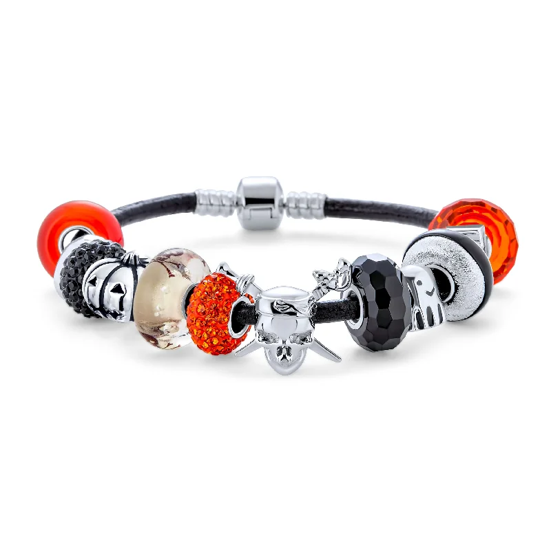 Ladies bracelets generational gift picks-Cross Skull Ghost Pumpkin Charm Bracelet with Black Orange Beads Leather & Silver