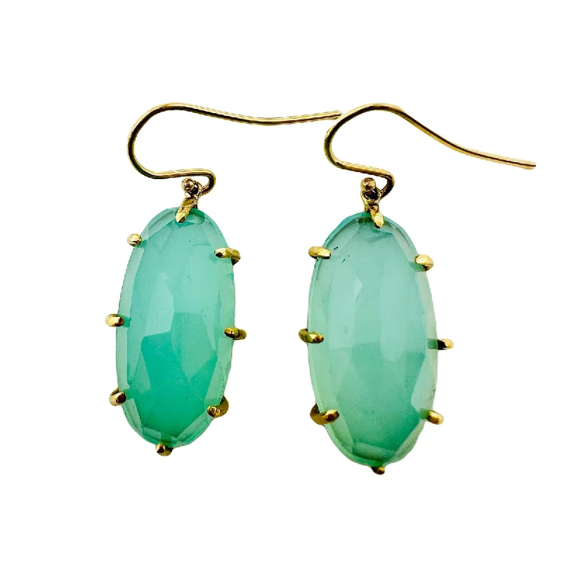 ladies earrings tiny-Sally Kay 18K Gold Oval Faceted Green Chalcedony Earrings