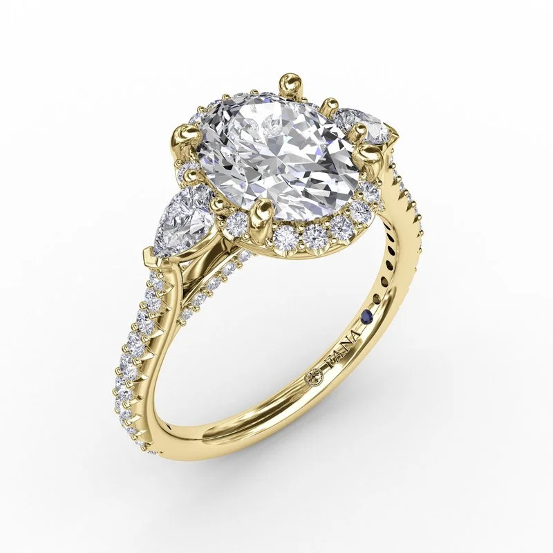 ladies engagement ring lightweight-Oval Diamond Halo Engagement Ring With Pear-Shape Diamond Side Stones