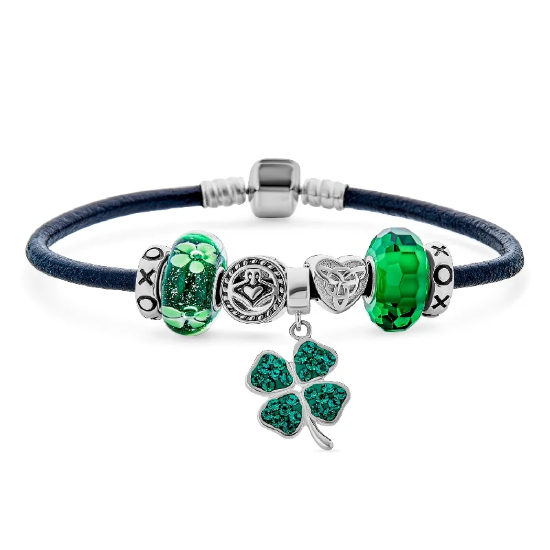 Ladies bracelets fade-proof bracelets-Celtic Clover Charm Bracelet with Irish Knot and Claddagh Bead on Leather 7.5 Inch