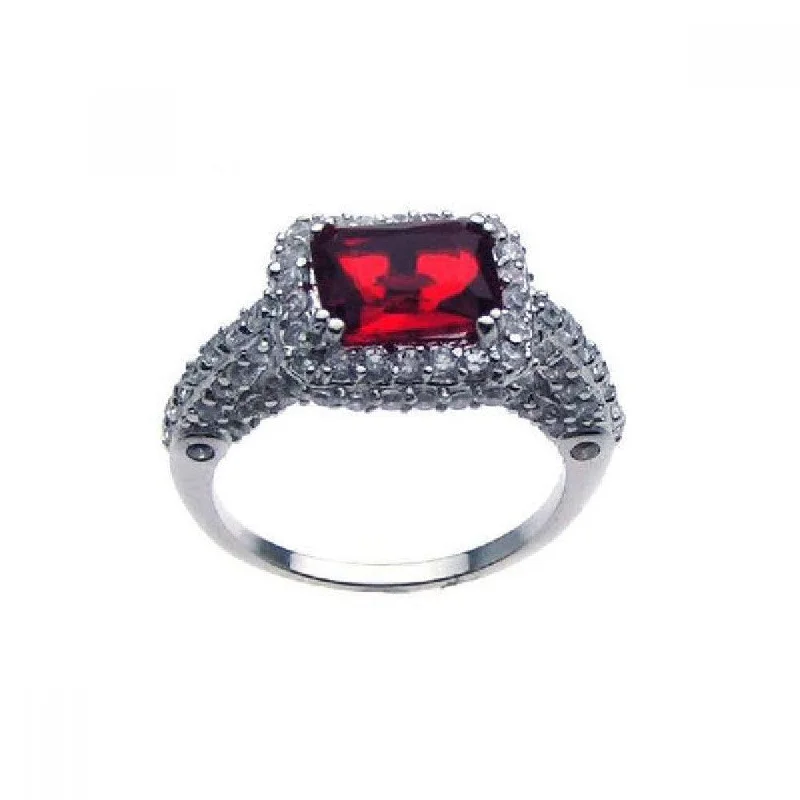 ladies ring adjustable gold-Silver 925 Rhodium Plated Red Center Pave Set Clear CZ Ring - STR00475