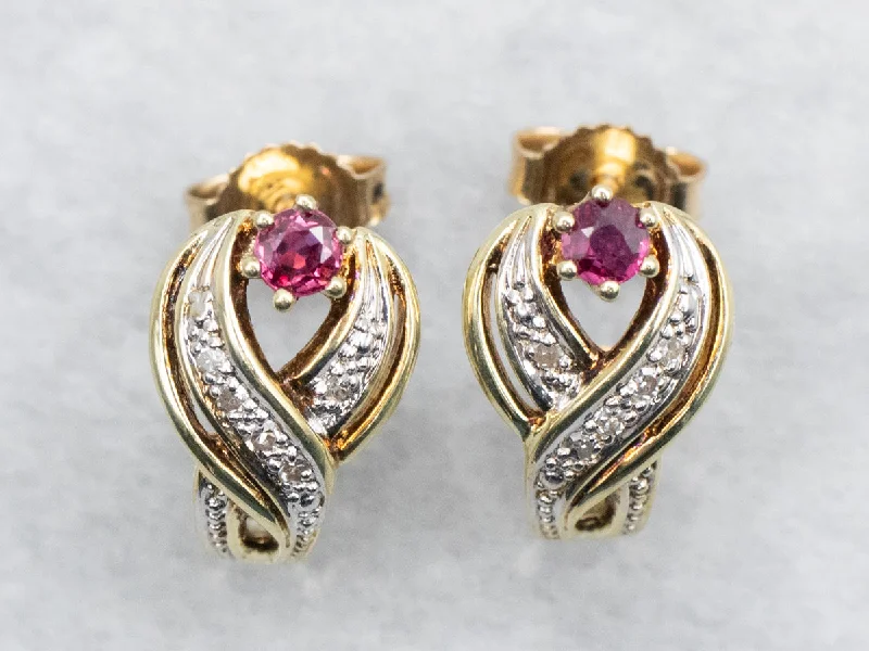 ladies earrings with stones-Two Tone Ruby and Diamond Crossover Stud Earrings