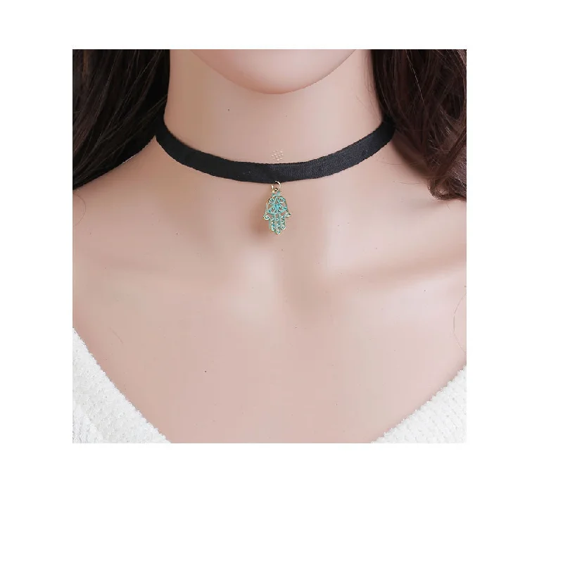 Ladies necklaces timeless wedding styles-Sexy Sparkles Velvet Hamsa Hand Choker Necklace for Women Girls Gothic Choker Bolo Tie