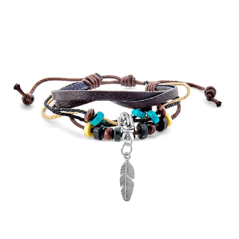 Ladies bracelets rigid frame designs-Boho Zen Leaf Triple Wrap Bracelet with Turquoise Beads and Feather Charm