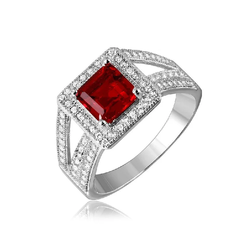 ladies ring bold gold-Silver 925 Rhodium Plated Red Square Halo with Micro Pave CZ Ring - GMR00103R