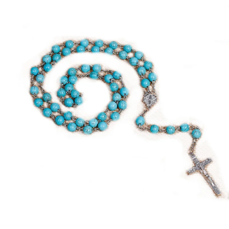 Ladies necklaces cubist style designs-SEXY SPARKLES Christian / Catholic Cross Religious Prayer Rosary Beads Y Shaped Lariat Turquoise Color Necklace