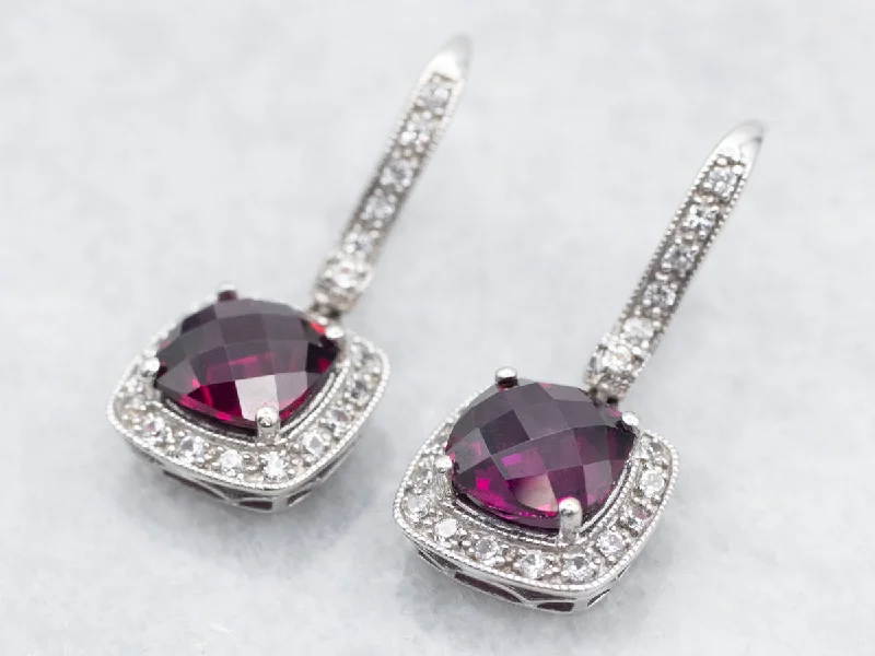 ladies earrings subtle-Rhodolite Garnet Drop Earrings with Diamond Halo