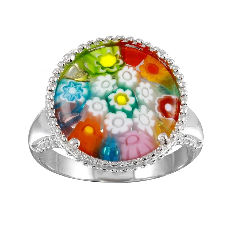 ladies ring slim platinum-Rhodium Plated 925 Sterling Silver Murano Glass Beaded Design Ring - MR00002