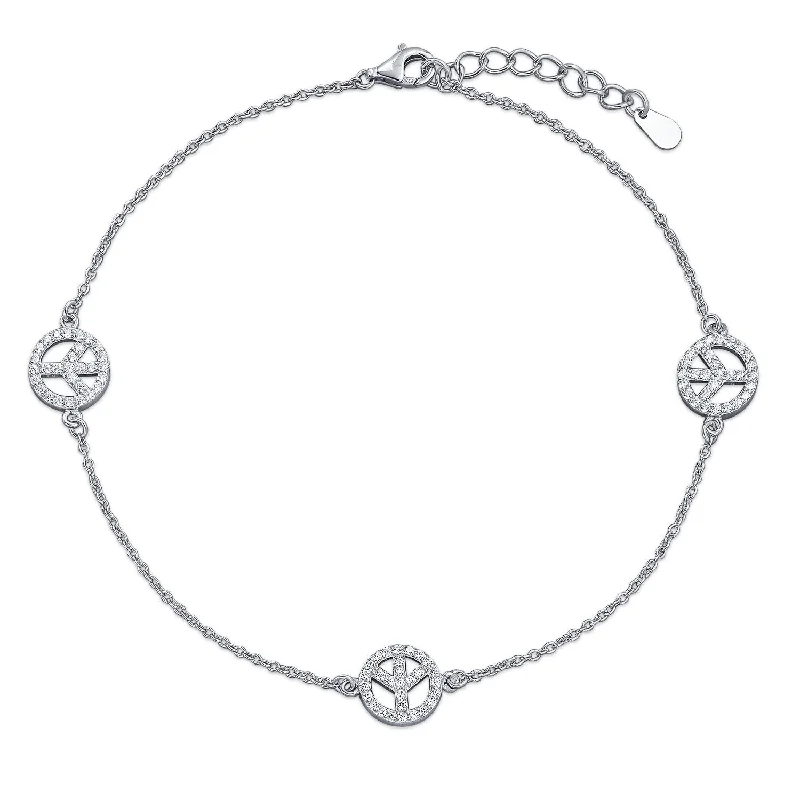 Ladies bracelets sculptural shape bracelets-Multi CZ Peace Sign Anklet Ankle Bracelet Sterling Silver 9-10 Inch