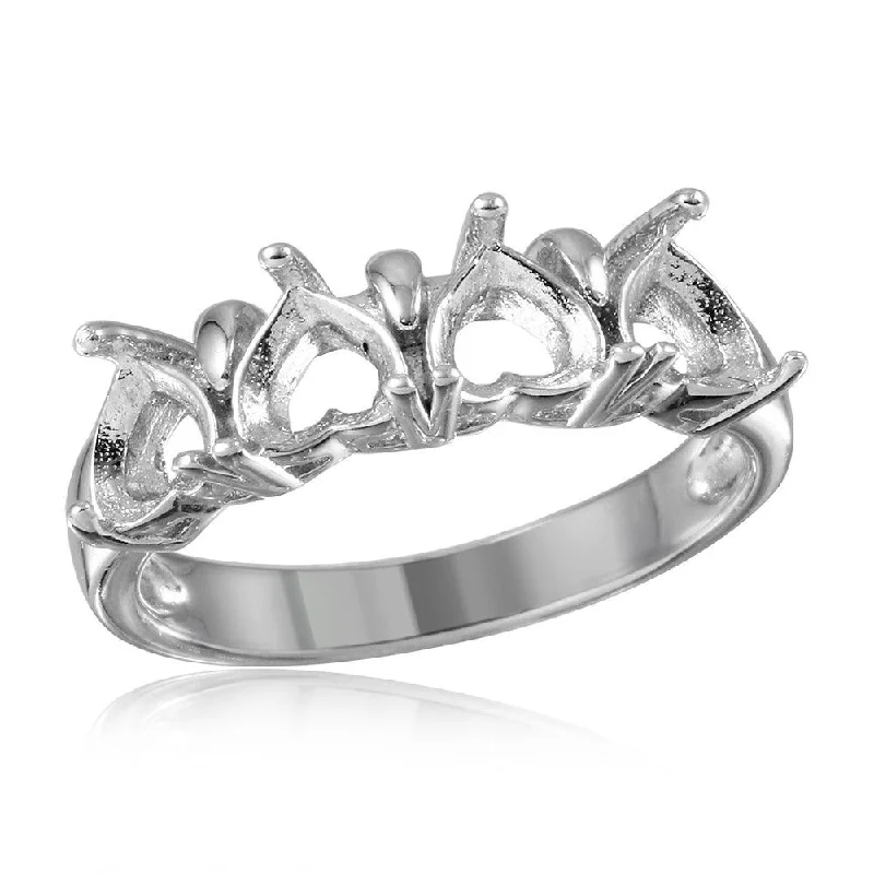 ladies ring floral platinum-Silver 925 Rhodium Plated 4 Hearts Mounting Ring - BGR00493