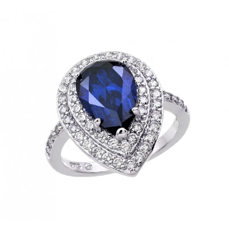 ladies ring glossy finish-Silver 925 Rhodium Plated Blue Center and Clear Cluster CZ Teardrop Ring - BGR00887TAN