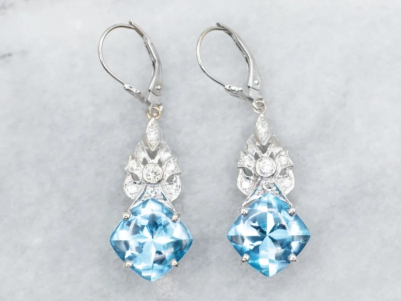 ladies earrings butterfly gold-Blue Topaz and Diamond Drop Earrings