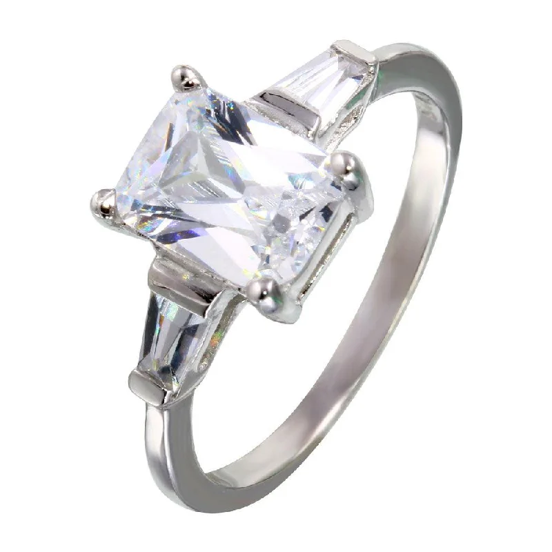 ladies ring moonstone silver-Rhodium Plated 925 Sterling Silver Square and Baguette CZ Stones Ring - STR00703