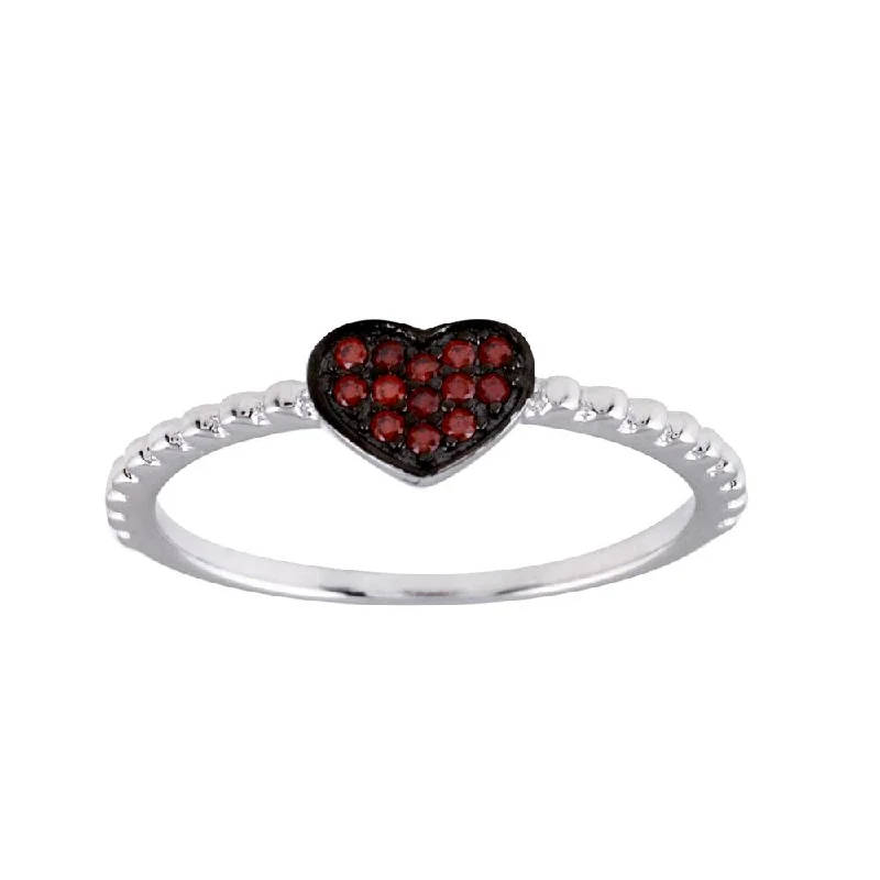 ladies ring promise-Rhodium Plated 925 Sterling Silver Beaded Heart Red CZ Ring - BGR01245RED