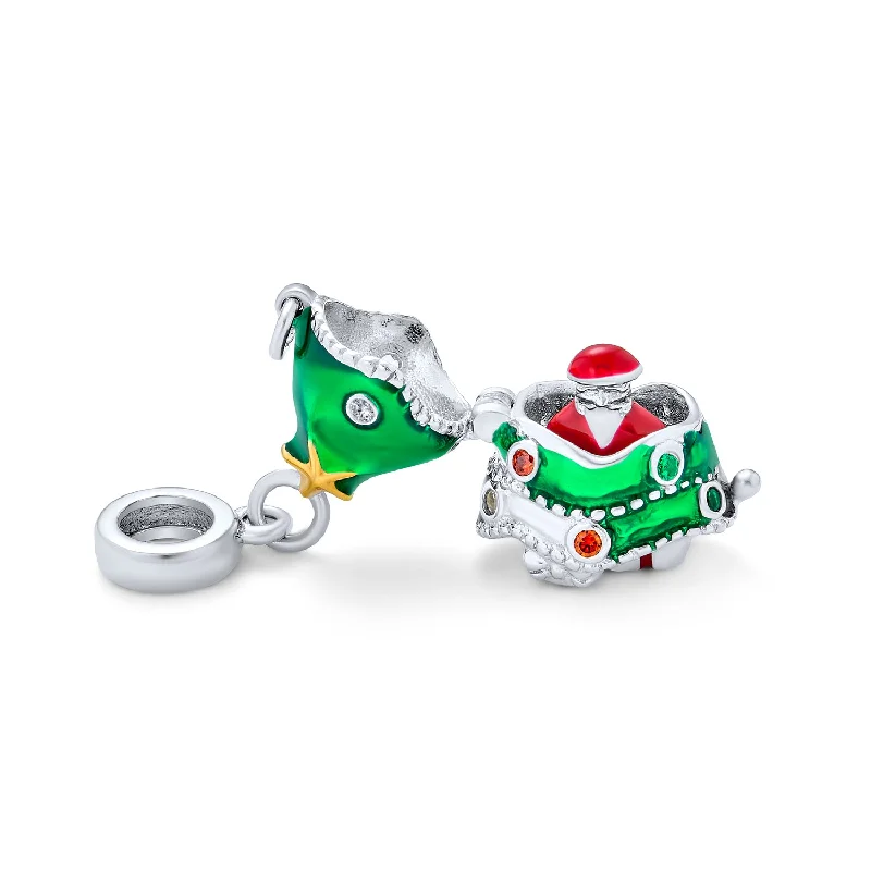 Ladies bracelets futuristic design styles-Green Christmas Charm Bead with Santa Locket for European Bracelets Sterling Silver