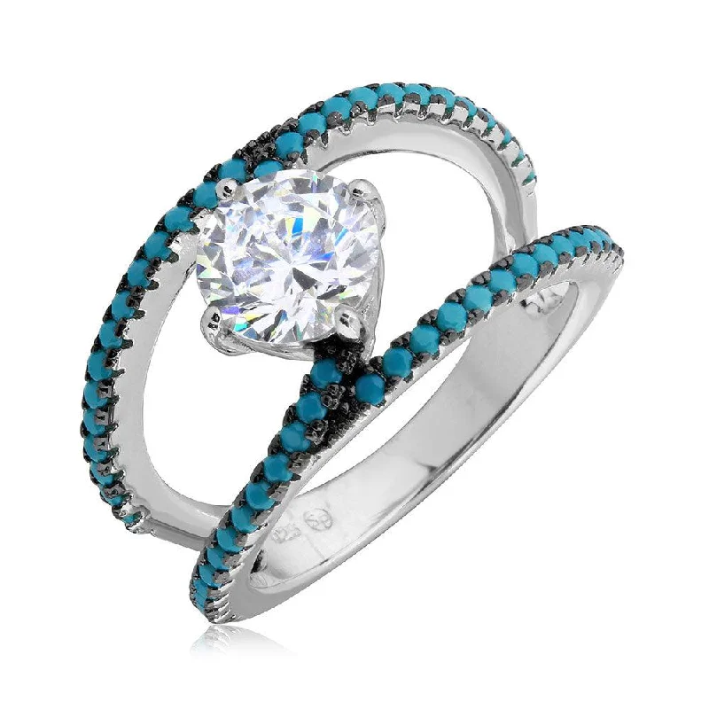 ladies ring romantic platinum-Rhodium Plated 925 Sterling Silver Open Shank Turquoise and CZ Stone Ring - BGR01084