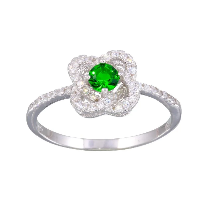 ladies ring recycled metal-Rhodium Plated 925 Sterling Silver CZ Knot Green Center Stone Ring - BGR01141GRN