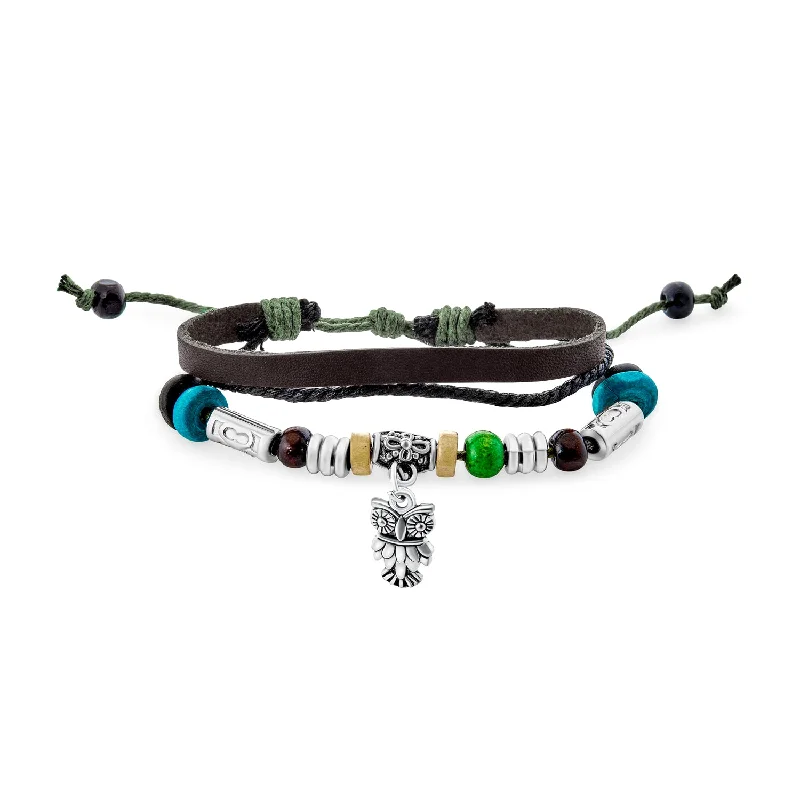 Ladies bracelets soft touch styles-Boho Zen Bird Triple Wrap Bracelet with Turquoise Beads and Owl Charm for Men