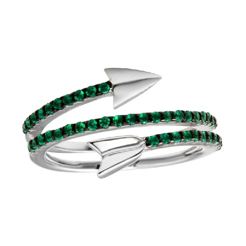 ladies ring rainbow stones-Rhodium Plated 925 Sterling Silver Wrap Arrow Green CZ Ring - BGR01189GREEN