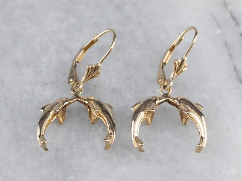 ladies earrings gemstone-Yellow 14K Gold Dolphin Drop Earrings