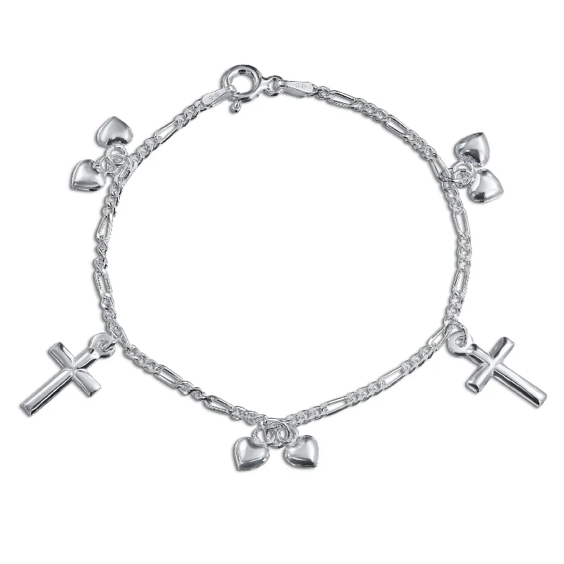 Ladies bracelets tension set styles-Christian Chain Link Bracelet with Cross & Heart Charms Sterling Silver 6-7 Inch