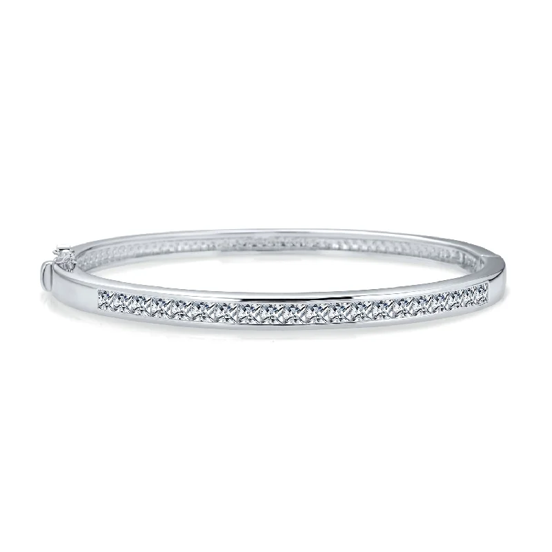 Ladies bracelets flat band bracelets-Classic Bridal CZ Channel Set Princess Cut Eternity Bangle Bracelet, Silver 7-7.5"