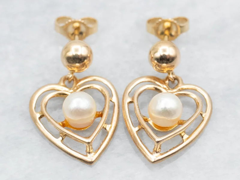 ladies earrings silver-Polished Gold Heart and Pearl Drop Earrings