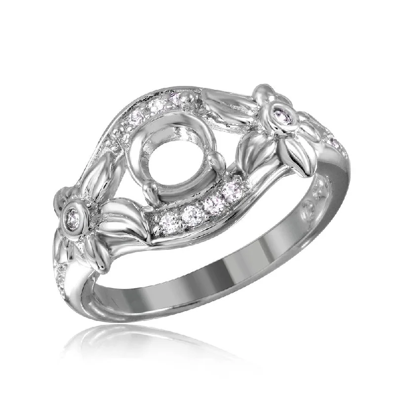 ladies ring casual gold-Silver 925 Rhodium Plated Flower Shank Single Stone Mounting Ring - BGR00814