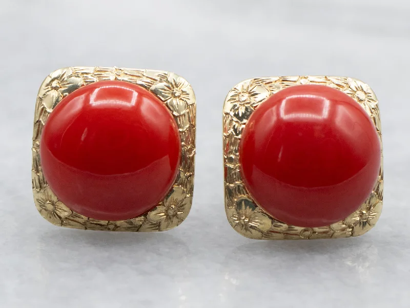 ladies earrings holiday-Yellow Gold Round Cut Coral Cabochon Stud Earrings