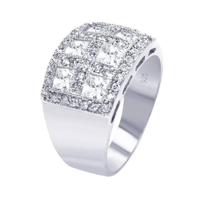 ladies ring size guide-Silver 925 Rhodium Plated Clear Square Pave CZ Cigar Band Bling Ring - AAR0055