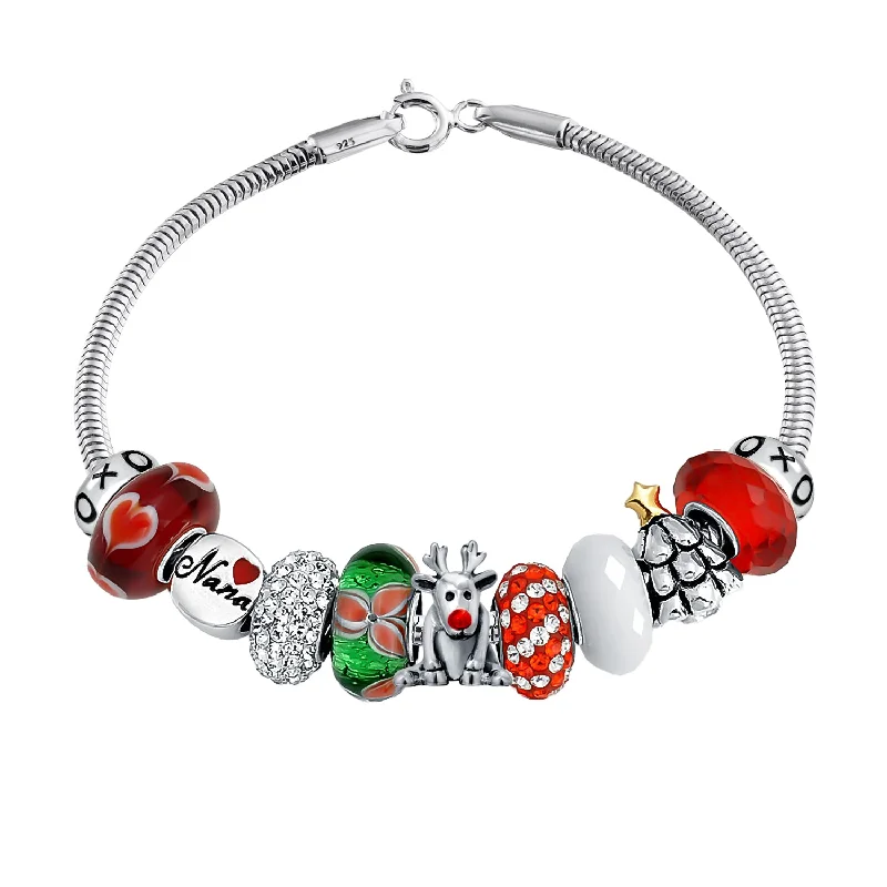 Ladies bracelets asymmetrical design picks-Christmas Rudolph Reindeer Nana Charm Bracelet with European Beads Sterling Silver