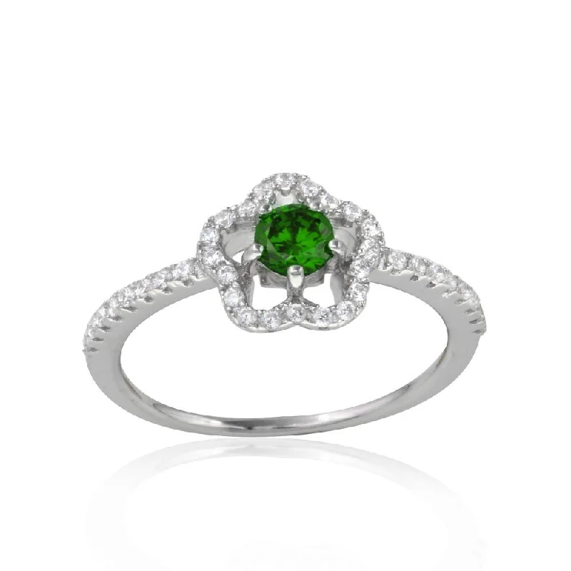 ladies ring sculpted-Rhodium Plated 925 Sterling Silver Clover Micropave Ring with Green Center CZ and Clear Round CZ - BGR01120GRN