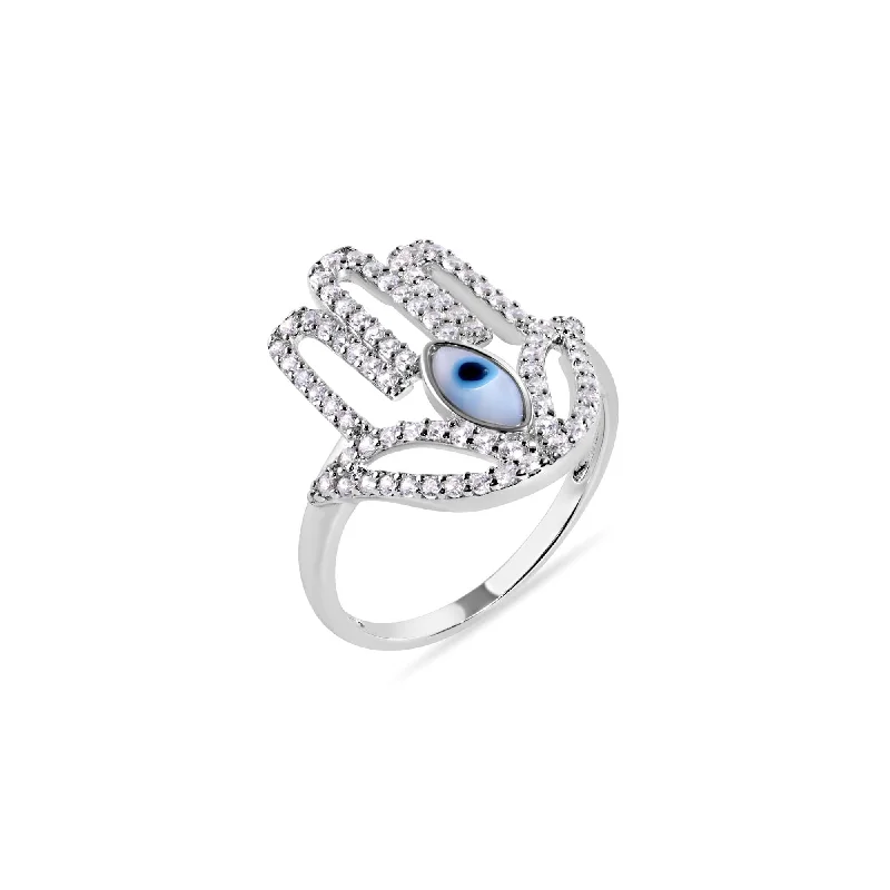 ladies ring cluster-Rhodium Plated 925 Sterling Silver Hamsa Evil Eye Cutout Clear Turquoise CZ Studded 18.1mm Ring - GMR00410