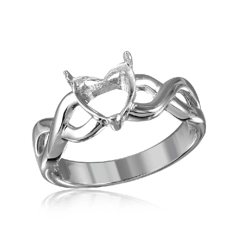 ladies ring cushion cut-Silver 925 Rhodium Plated Open Overlap Shank Heart Stone Mounting Ring - BGR01218