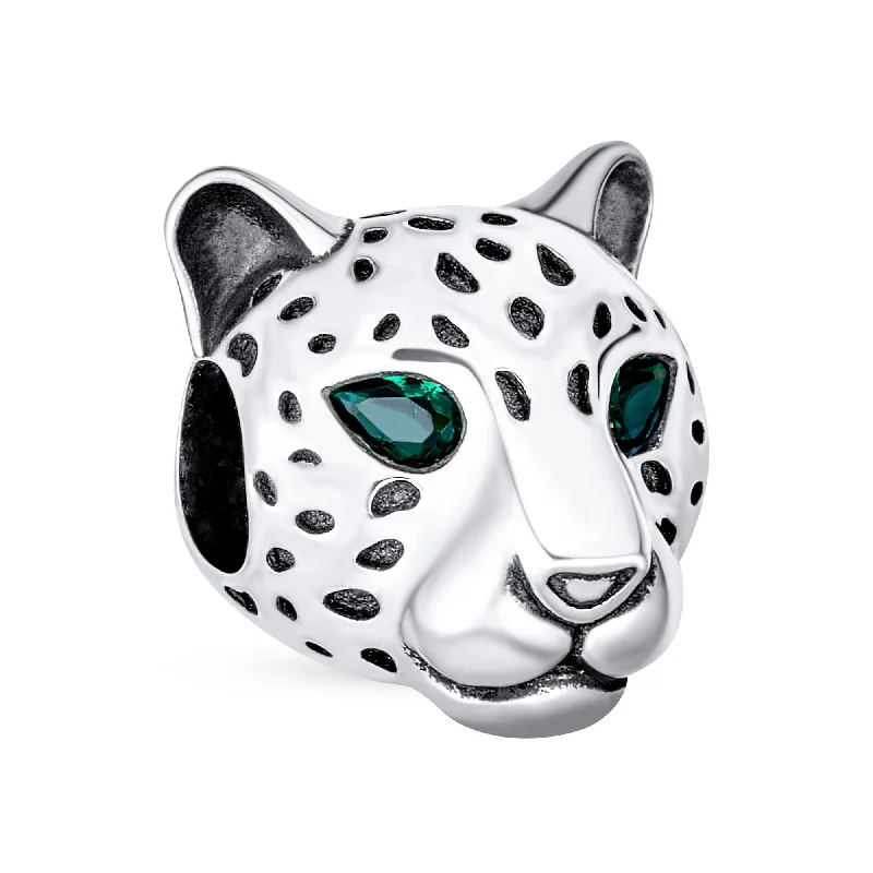 Ladies bracelets secure fit designs-Jaguar Panther Charm Bead with Green CZ Eyes in Oxidized Sterling Silver for Bracelets