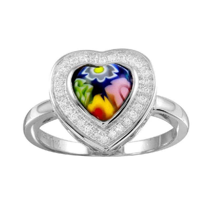 ladies ring christmas gold-Rhodium Plated 925 Sterling Silver Heart Murano Glass Halo CZ Ring - MR00005