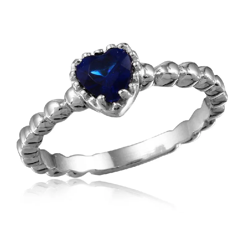 ladies ring small size-Silver 925 Rhodium Plated Beaded Band Blue Heart Center Stone Ring - BGR01052BLUE