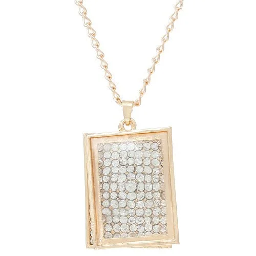 Ladies necklaces soft curve necklaces-Curb Chain Necklace with Pendant Gold Tone Rectangle with Crystals and Lobster Clasp Extender