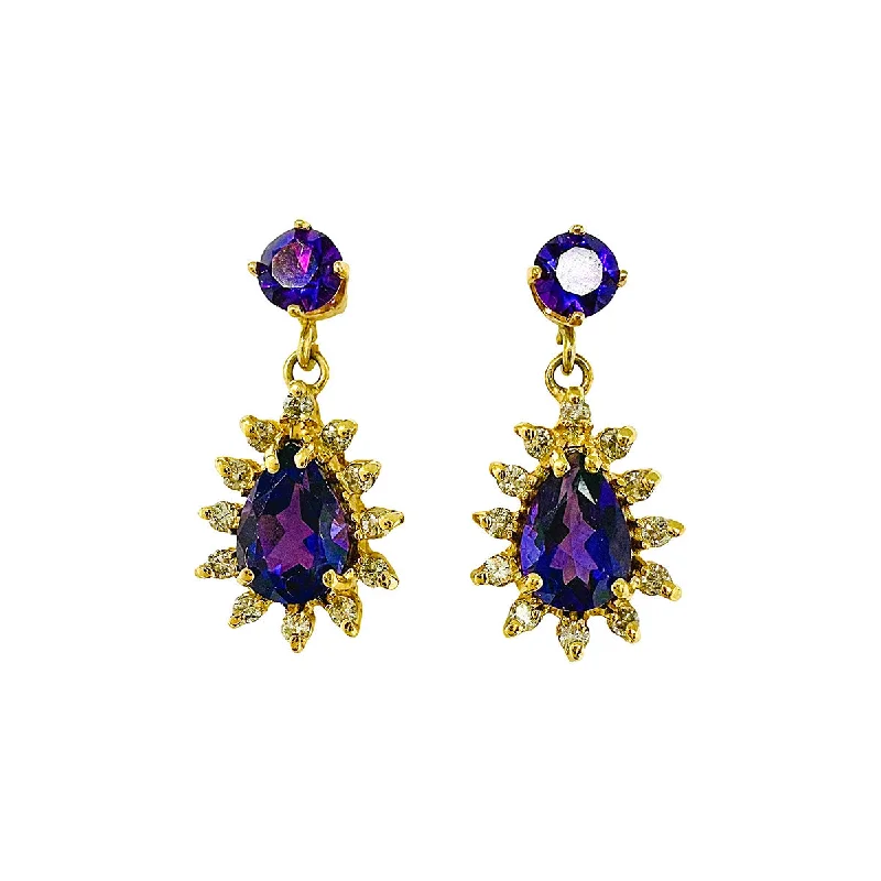 ladies earrings curved-14K Gold Drop Earrings with Amethyst and Diamonds